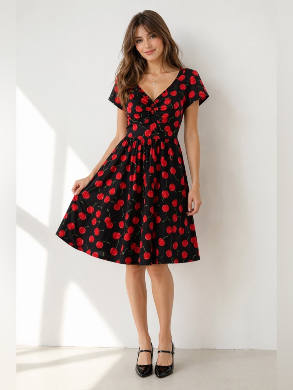 Roosey Cherry Print Fit & Flare Dress Retro Rockabilly Pin Up Vintage Style S